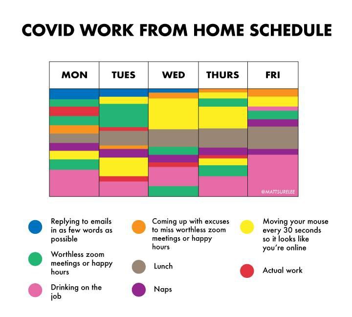 COVID WORK FROM HOME SCHEDULE Replying to emails Coming up with excuses Moving your mouse in as few words as to miss worthless zoom every 30 seconds possible meetings or happy so it looks like hours y