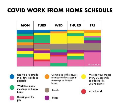 COVID WORK FROM HOME SCHEDULE Replying to emails Coming up with excuses Moving your mouse in as few words as to miss worthless zoom every 30 seconds possible meetings or happy so it looks like hours y