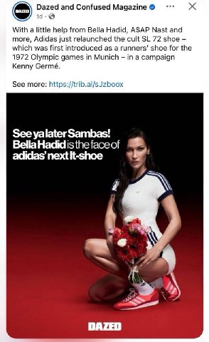 Dazed and Confused Magazine@ With a little help from Bella Hadid, ASAP Nast and more, Adidas just relaunched the cult 72 shoe which was first introduced as a shoe for the 1972 Olympic games in Munich 