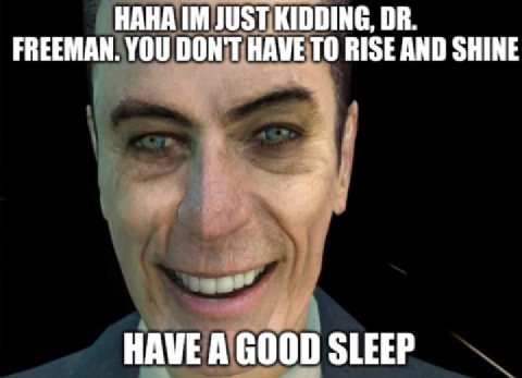 HAHA JUST KIDDING, FREEMAN. YOU DON'T HAVE TO RISE AND SHINE HAVE A GOOD SLEEP