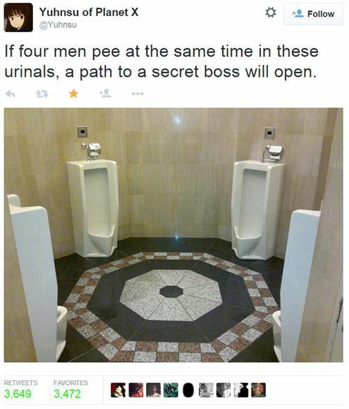 Yuhnsu of Planet Yuhnsu +2 Follow If four men pee at the same time in these urinals, a path to a secret boss will open ЕЕТ FAVORITES 3,472