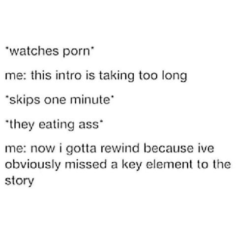 ‘watches porn’ me: this intro is taking too long “skips one minute’ “they eating ass” me: now i gotta rewind because ive obviously missed a key element to the story