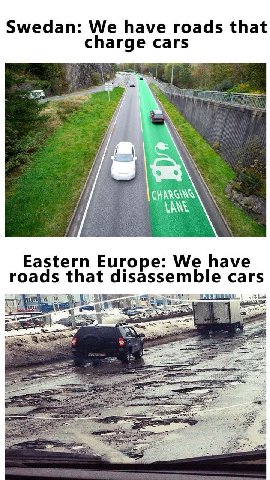 Swedan: We have roads that charge cars Eastern Europe: We have roads that disassemble cars