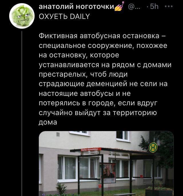 анатолий ноготочки OXYETb DAILY Фиктивная автобусная остановка специальное сооружение, похожее на остановку, которое устанавливается на рядом с домами престарелых, чтоб люди страдающие деменцией не се