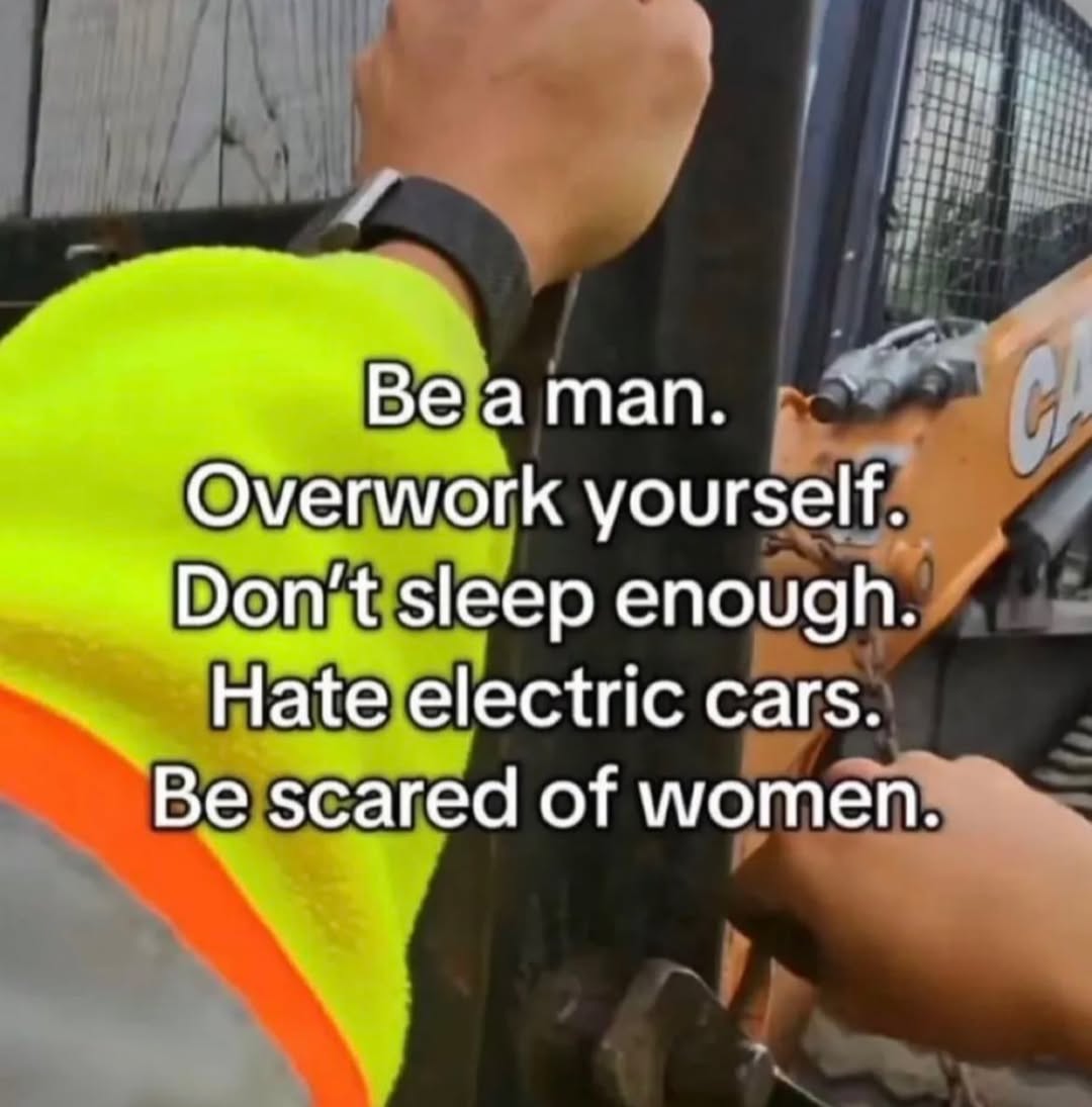 Веатап. Overwork yourself. sleep enough. Hate electric cars. Be scared of women.