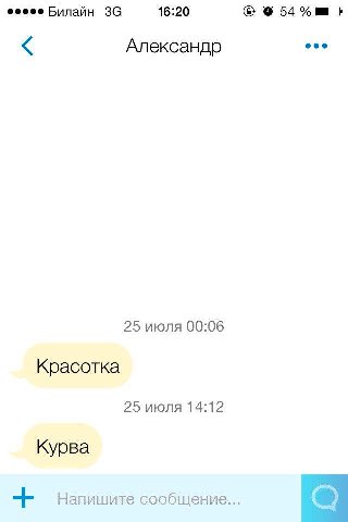 Билайн 16:20 54 Александр 25 июля 00:06 Красотка 25 июля 14:12 Курва Напишите сообщение...