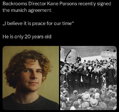 Backrooms Director Kane Parsons recently signed the munich agreement believe it is peace for our time“ He is only 20 years old