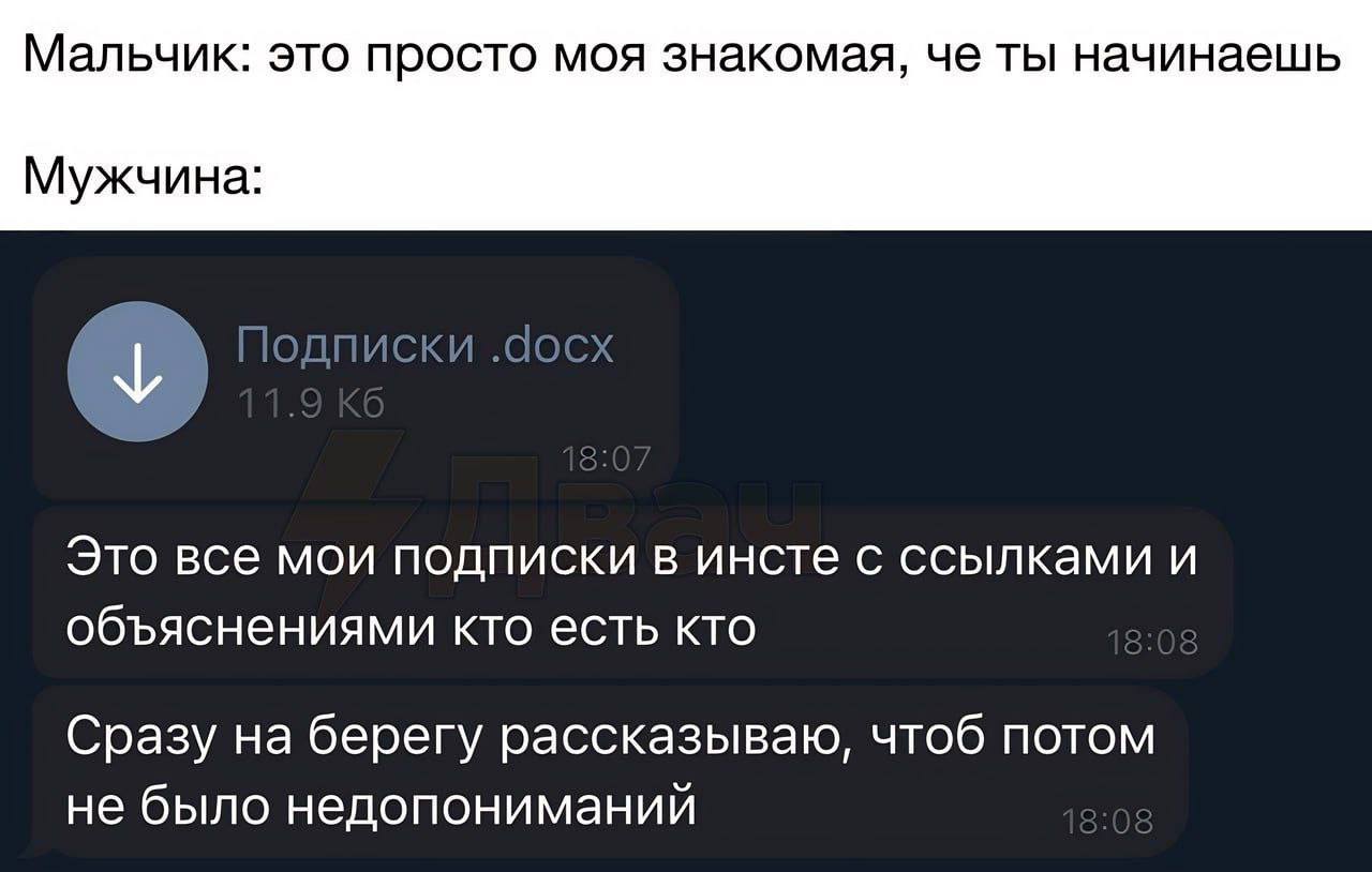 Мальчик: это просто моя знакомая, че ты начинаешь Мужчина: у Это все мои подписки в инсте с ссылками и объяснениями кто есть кто Сразу на берегу рассказываю, чтоб потом не было недопониманий