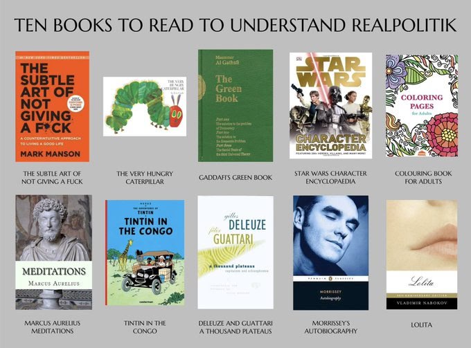 TEN BOOKS ТО READ TO UNDERSTAND REALPOLITIK COLORING PAGES у, 4 A APPROACH ЕМСУ YCLOPEDIA THE SUBTLE ART OF THE VERY HUNGRY GADDAFI'S GREEN BOOK STAR WARS CHARACTER COLOURING BOOK NOT GIVING A FUCK CA