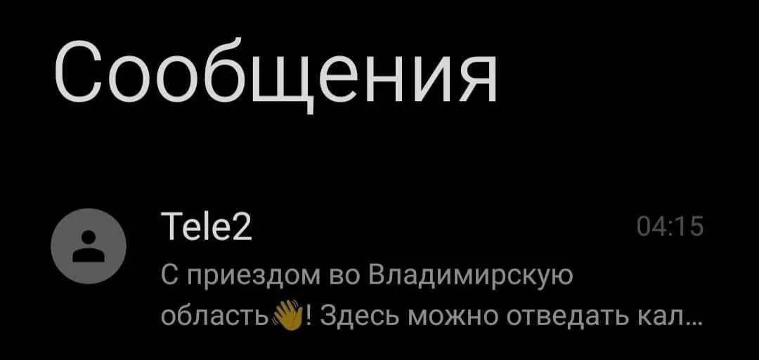 Сообщения Tele2 04:15 С приездом во Владимирскую Здесь можно отведать кал...