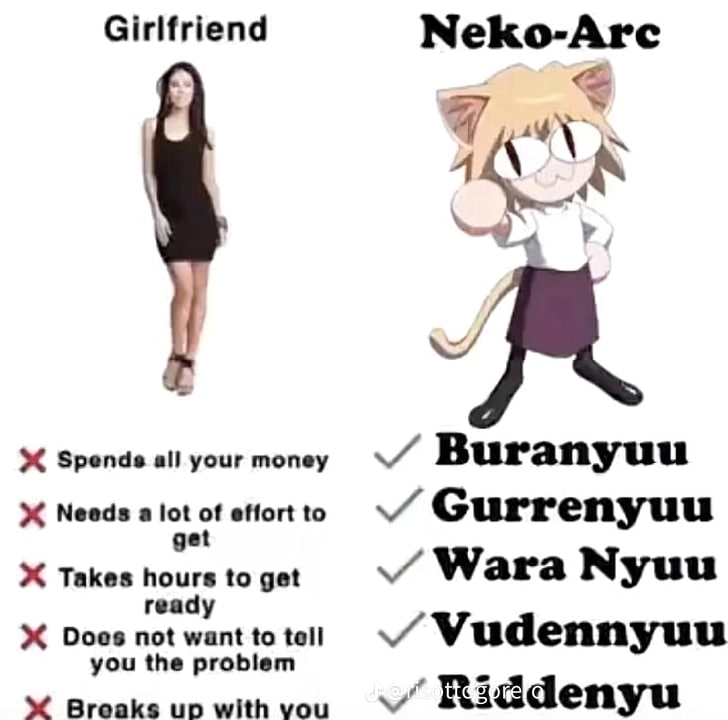 Girlfriend Neko-Arc Spends all your money Buranyuu Needs a effort to Gurrenyuu Takes hours to get ready Wara Nyuu Does not want to tell you the problem Vudennyuu Breaks up with you