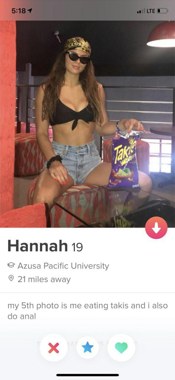 А Hannah 19 Azusa Pacific University 21 miles away my photo is me eating takis and i also anal