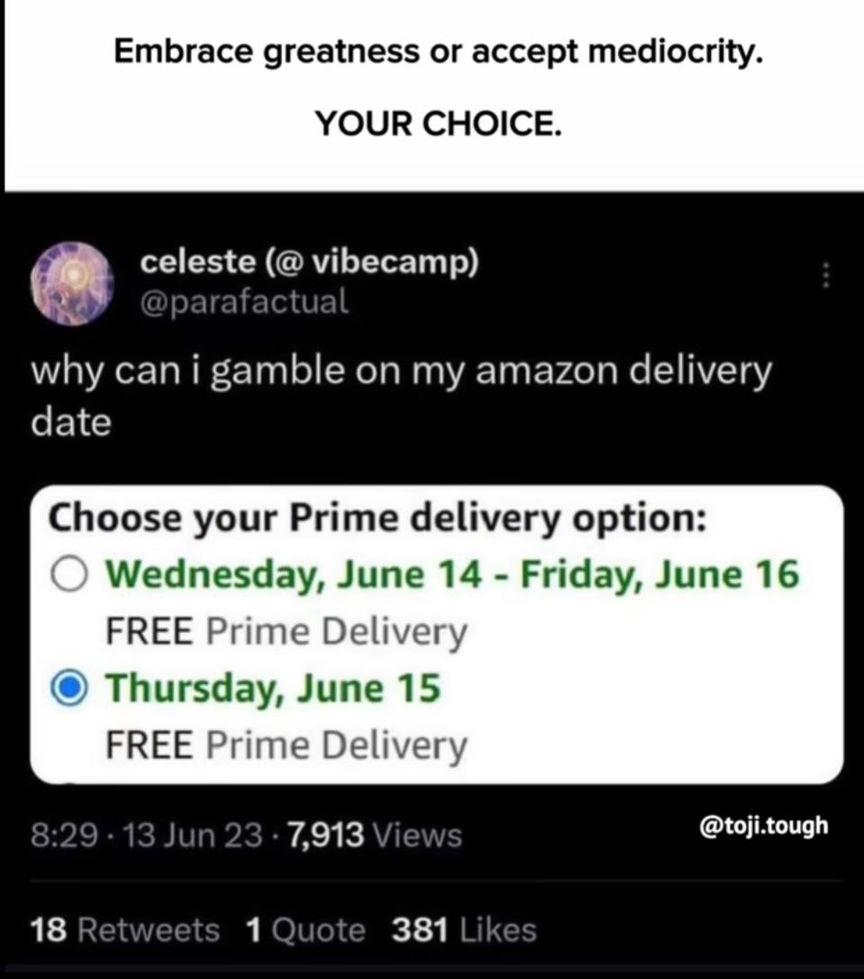 Embrace greatness accept mediocrity. YOUR CHOICE. vibecamp) why gamble my amazon delivery date Choose your Prime delivery option: Wednesday, June 14 Friday, June 16 FREE Prime Delivery Thursday, June 