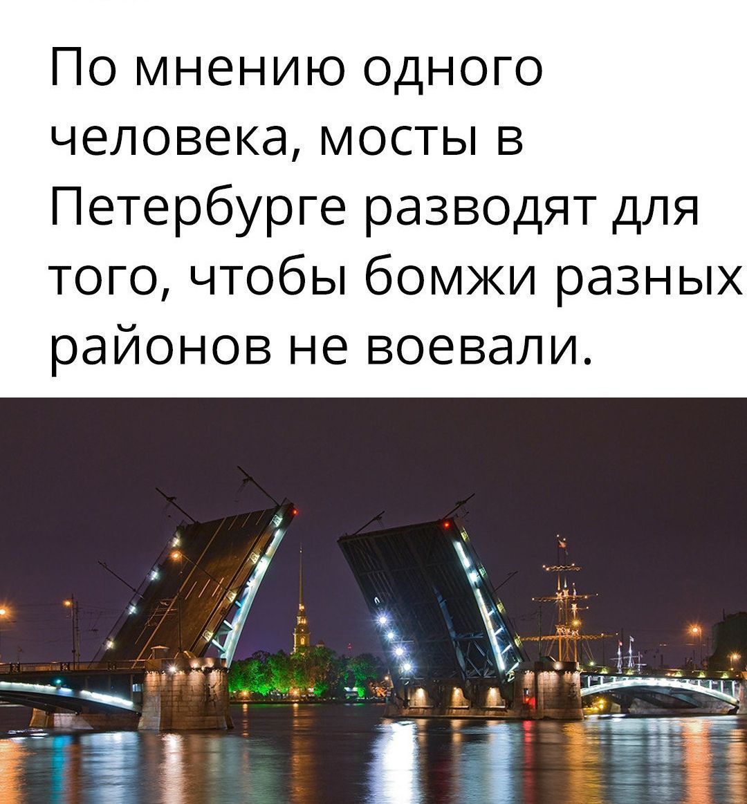 По мнению одного человека, мосты в Петербурге разводят для того, чтобы бомжи разных районов не воевали. 2 Я