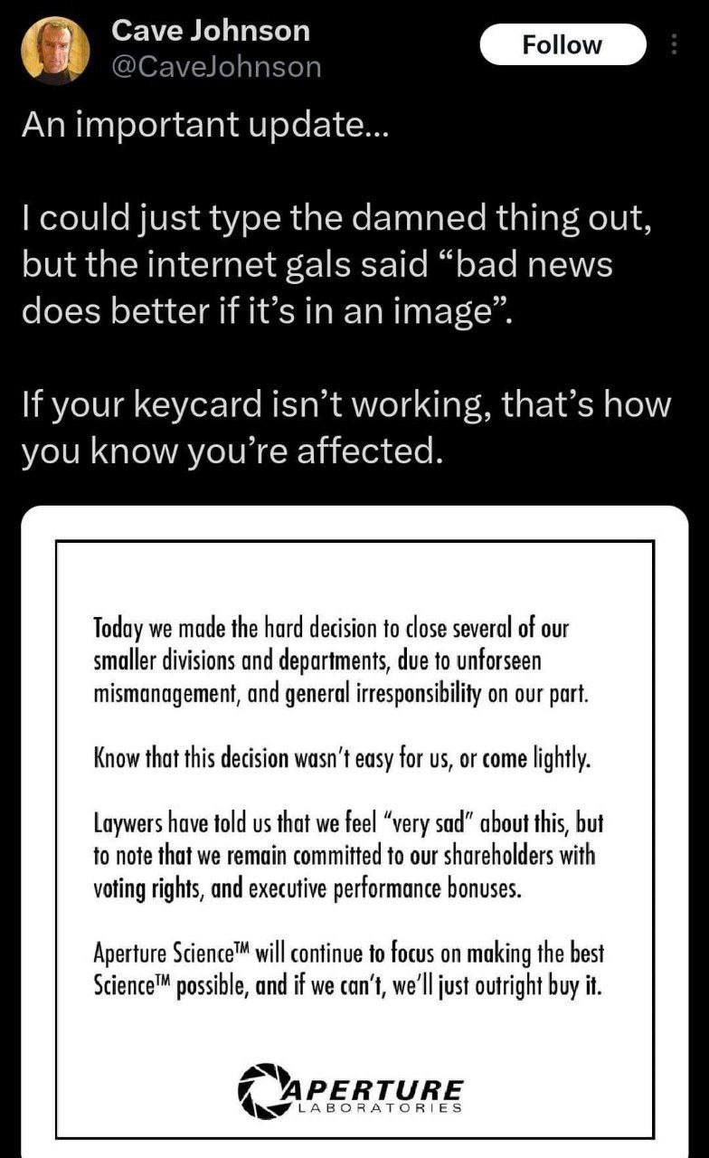 Сауе Johnson An important update... could just type the damned thing out, but the internet gals said “bad news does better if it’s in an image”. your keycard isn’t working, that’s how you know affecte