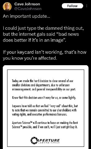 Сауе Johnson An important update... could just type the damned thing out, but the internet gals said “bad news does better if it’s in an image”. your keycard isn’t working, that’s how you know affecte