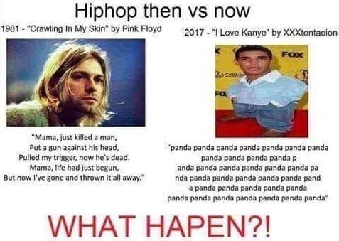 1981 “Crawling In Skin” Pink Floyd 2017 Love Kanye” XXXtentacion "Мата, just killed a man, Put a gun against his head, “panda panda panda panda panda panda panda Pulled my trigger, now he's dead. pand