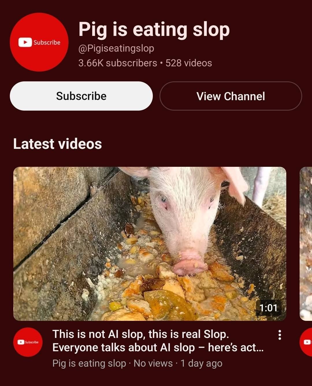 Pig is eating slop @Pigiseatingslop subscribers 528 videos Subscribe View Channel Latest videos к This is not slop, this is real Slop. Everyone talks about slop act... Pig is eating slop No views 1 da