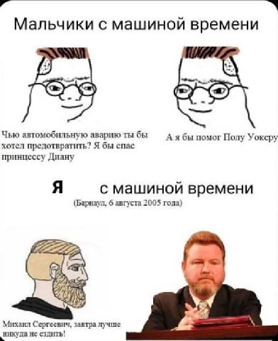 Мальчики с машиной времени Чью автомобильную аварию ты бы А ябы помог Полу Уокеру хотел предотвратить? Я бы спас принцессу Диану Я с машиной времени (Барнаул, 6 августа 2005 года) 2222222 Михаил Серге