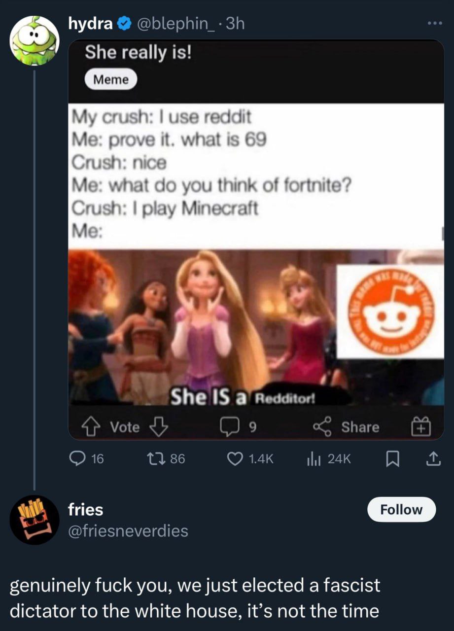 hydra @blephin_- She really is! My use reddit Me prove it what is псе nat 10 think of play Minecraft Me С: She iS а Redditor! 9 Vote у Share 16 86 fries @friesneverdies genuinely fuck you, we just ele