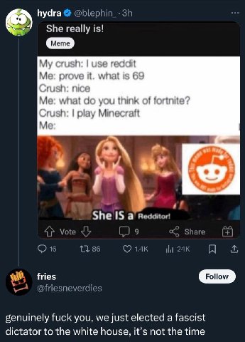 hydra @blephin_- She really is! My use reddit Me prove it what is псе nat 10 think of play Minecraft Me С: She iS а Redditor! 9 Vote у Share 16 86 fries @friesneverdies genuinely fuck you, we just ele