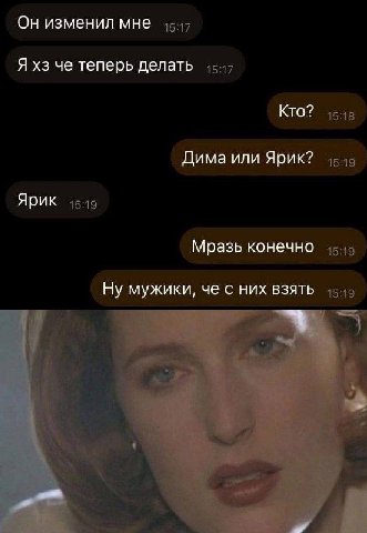 Он изменил мне Я че теперь делать Кто? 15:18 Дима или Ярик? 1519 Ярик Мразь конечно 15:19 Ну мужики, че с них взять 15:19