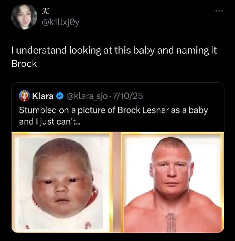 У understand looking at this baby and naming it Brock Klara @klara_sjo- 7/10/25 Stumbled on a picture of Brock Lesnar as a baby and just can't.. и