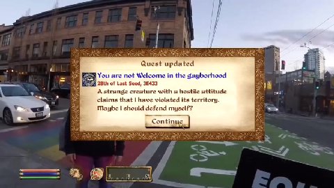 This is the gayborhoodland|youraretnetiwelcome! Screams viciously ~ Ё Quest updated iy в. A strange creature with a hostile attitude ont = claims that | have violated its territory. Maybe | should def