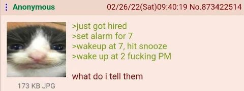 Anonymous 02/26/22($а{) 09:40:19 No.873422514 got hired >set alarm for 7 at 7, hit snooze >\МаКе up at 2 fucking what i tell them 173 JPG