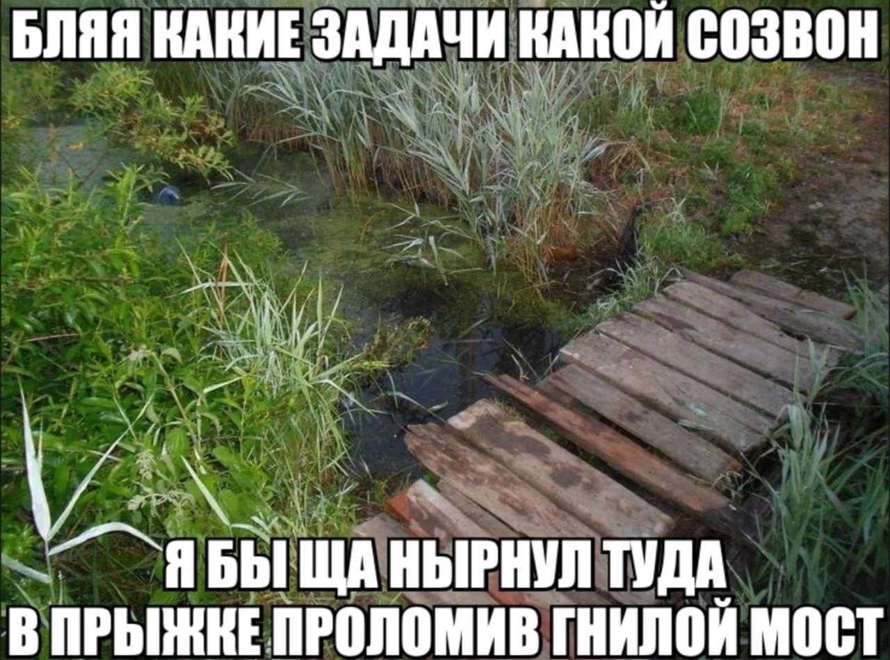 БЛЯЯ КАКИЕ ЗАДАЧИ КАКОЙ СОЗВОН БЫ НЫРНУЛ ТУДА В ПРЫЖКЕ ПРОЛОМИВ ГНИЛОЙ МОСТ