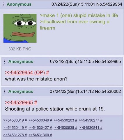 Anonymous 07/24/22(Sun)15:11:01 No.54529954 >make 1 (one) stupid mistake in life >disallowed from ever owning а firearm 332 PNG Anonymous 07/24/22(Sun)15:11:55 No.54529965 >>54529954 what was the mist