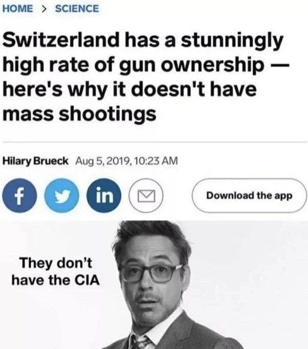 HOME SCIENCE Switzerland has a stunningly high rate of gun ownership here's why it doesn't have mass shootings Hilary Brueck Aug 5, 2019, 10:23 Download the app They don’t have the CIA