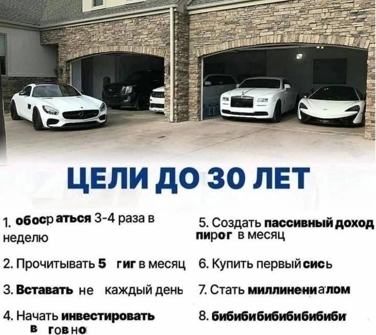 4 ЦЕЛИ ДО 30 ЛЕТ 1. обосраться 3-4 раза в 5. Создать пассивный доход неделю пирог в месяц 2. Прочитывать 5 месяц 6. Купить 3.Вставать не каждый день 7. Стать миллинениалом 4. Начать инвестировать 8. б