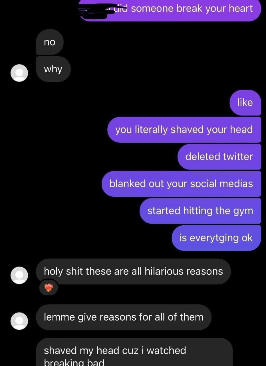 Someone break your heart no why like you literally shaved your head deleted twitter blanked out your social medias started hitting the gym is everytging holy shit these are all hilarious reasons lemme