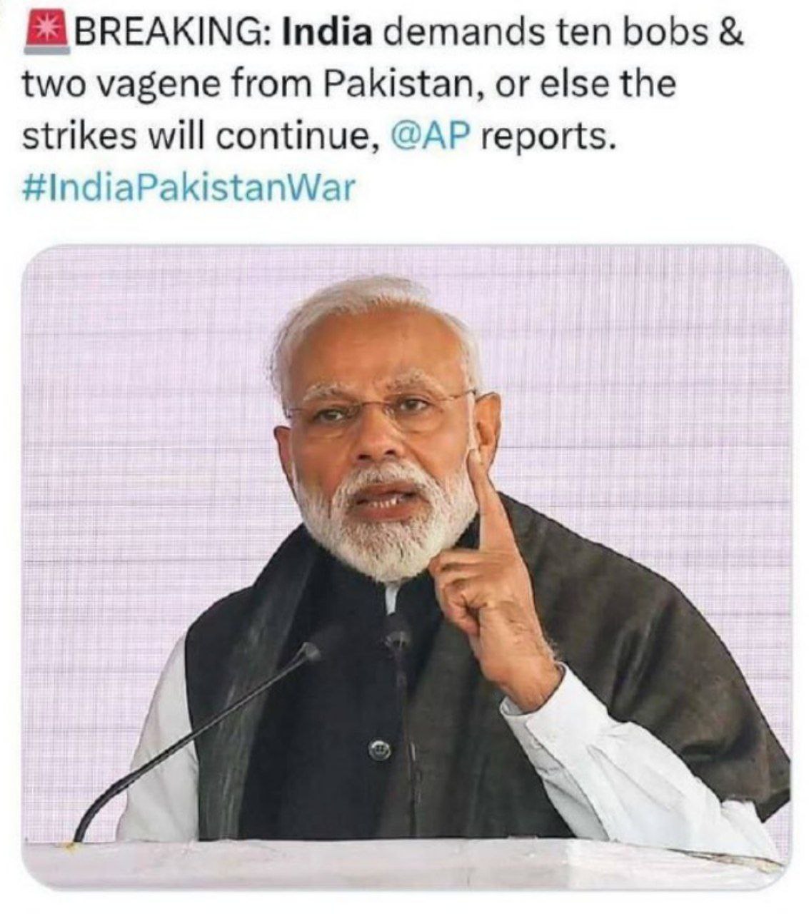 BREAKING: India demands ten bobs two vagene from Pakistan, or else the strikes will continue, reports. #indiaPakistanWar у