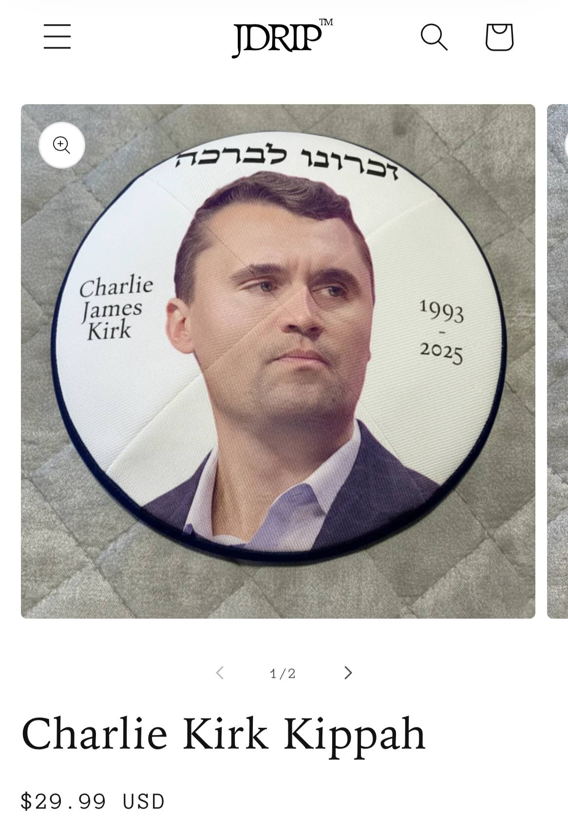 IAS Charlie James 1993 Kir. 2025 1/2 Charlie Kirk Kippah $29.99 USD