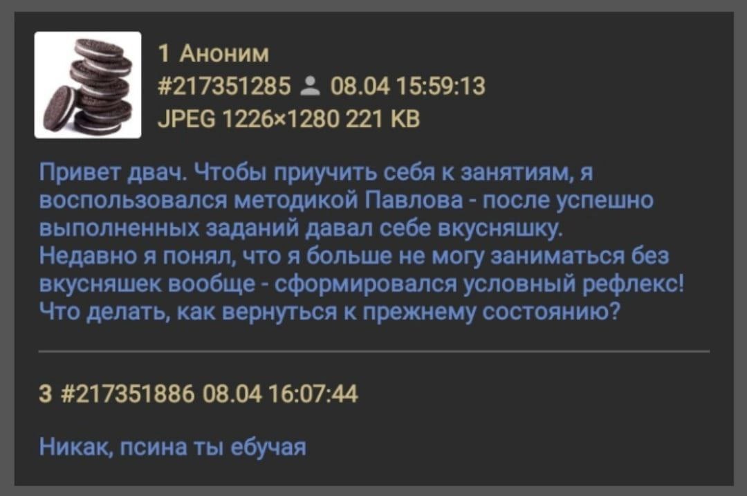 1 Аноним #217351285 08.04 15:59:13 JPEG 221 Привет двач. Чтобы приучить себя к занятиям, A воспользовался методикой Павлова после успешно выполненных заданий давал себе вкусняшку. Недавно я понял, что