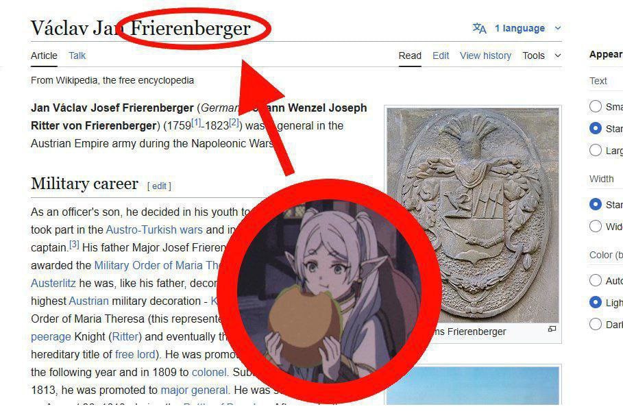 и О Vaclav Frierenberger ЗА Article Так Read Edit Viewhistory Tools Appear From Wikipedia, the free encyclopedia Text Jan Vaclav Josef Frierenberger (Сегта Wenzel Joseph О Ritter von Frierenberger) in