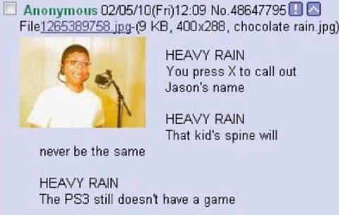 Anonymous 02/05/10(Fri)12:09 File1 265389758 jpg-(9 chocolate rain.jpq) A HEAVY RAIN You press to call out Jason's name HEAVY RAIN That kid's spine will never be the same HEAVY RAIN The still doesnt h
