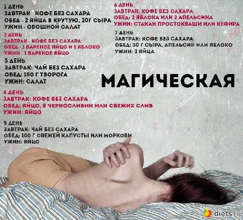 6 ДЕНЬ ТАЕНЬ ЗАВТРАК КОФЕ БЕЗ САХАРА ЗАВТРАК: КОФЕ БЕЗ САХАРА ОБЕД: 2 ЯБЛОКА ИЛИ 2 АПЕЛЬСИНА ОБЕД 2 ЯИЦА В КРУТУЮ, СЫРА УЖИН: СТАКАН ПРОСТОКВАШИ ИЛИ КЕФИРА УЖИН ОВОЩНОЙ САЛАТ 2 ДЕНЬ 7 AEHb ЗАВТРАК: КО