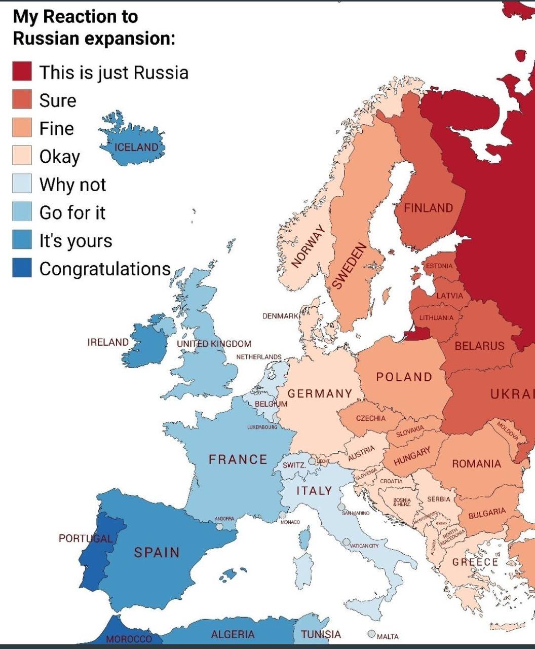 My Reaction to Russian expansion: This is just Russia sure Fine Okay у Why not for it А It's yours у Congratulations и 4 2 IRELAND UNITED KINGDOM POLAND GERMANY FRANCE ROMANIA ITALY 4 as PORT TUNISIA