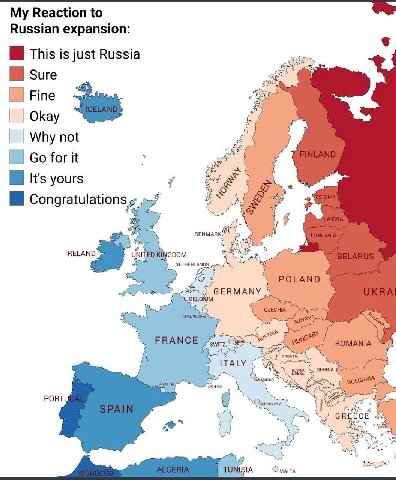 My Reaction to Russian expansion: This is just Russia sure Fine Okay у Why not for it А It's yours у Congratulations и 4 2 IRELAND UNITED KINGDOM POLAND GERMANY FRANCE ROMANIA ITALY 4 as PORT TUNISIA