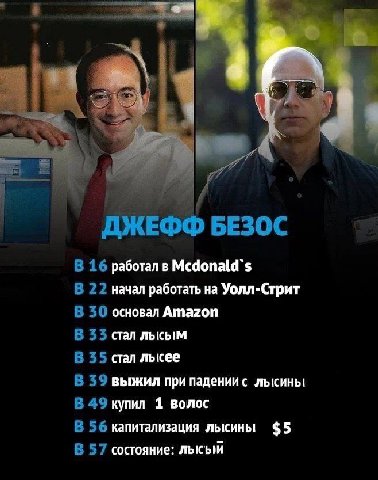 ЕФФ В 16 работал в В 22 начал работать на Уолл-Стрит В 30 основал Amazon В 33 стал лысым В 35 стал лысее В 39 выжил при падении с лысины В 49 купил 1 волос В 56 капитализация лысины $5 В 57 состояние: