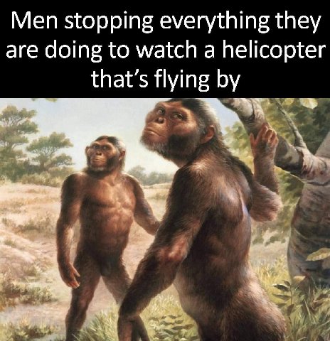 Men stopping everything they are doing to watch a helicopter that’s flying а