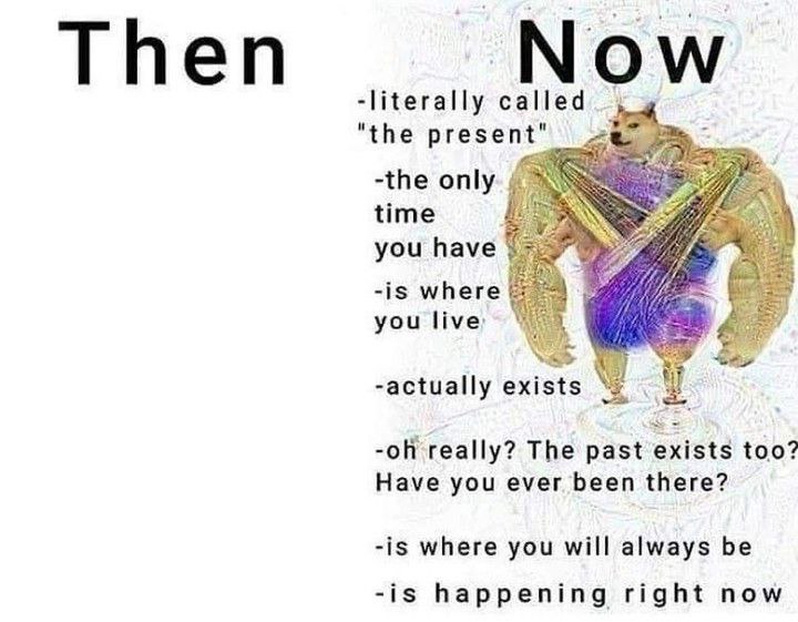 Треп Now -literally called "the present" -the only time you have я -is where you live: -actually really? The past exists too? Have you ever been there? -is where you will always be -is happening right