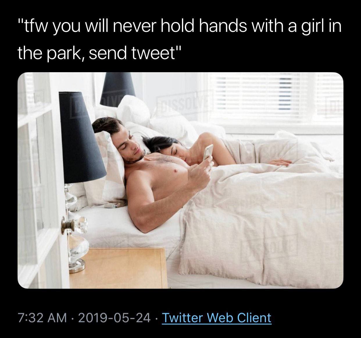 tfw you will never hold hands with a girl in the park, send tweet 7:32 2019-05-24 Twitter Web Client