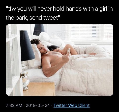 tfw you will never hold hands with a girl in the park, send tweet 7:32 2019-05-24 Twitter Web Client