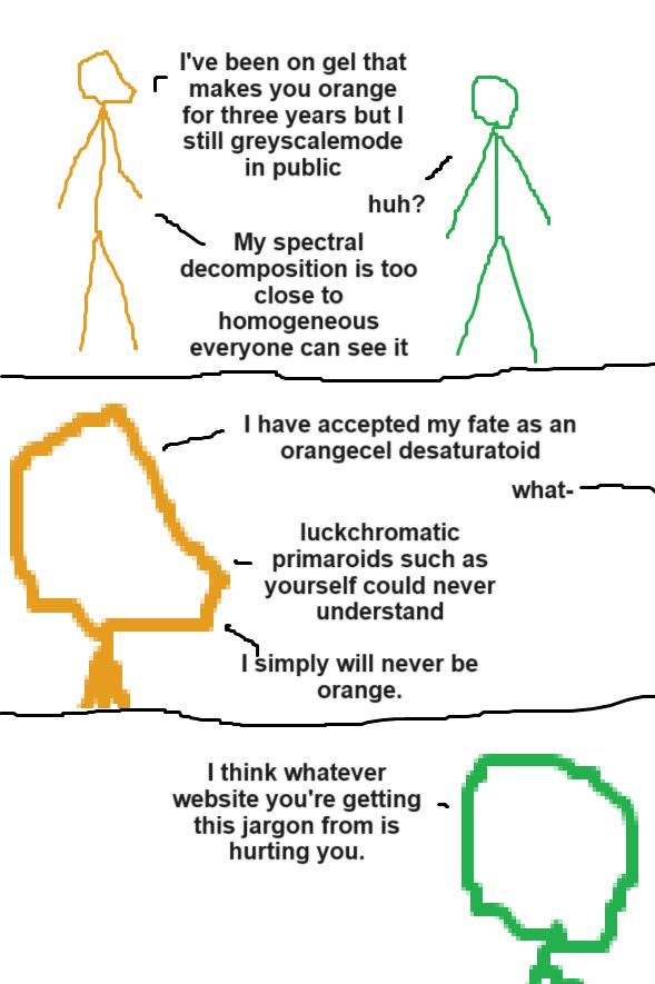 I've been gel that makes you orange for three years but still greyscalemode in public huh? spectral decomposition is too close to homogeneous everyone can see it have accepted my fate as orangecel des