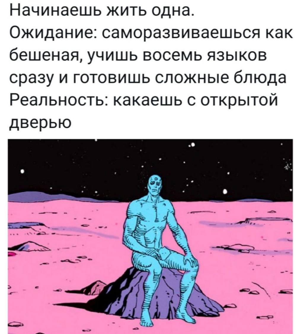 Начинаешь жить одна. Ожидание: саморазвиваешься как бешеная, учишь восемь языков сразу и готовишь сложные блюда Реальность: какаешь с открытой дверью