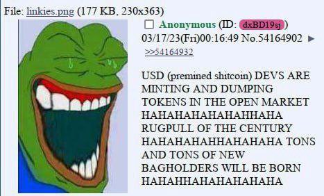 File: linkies png (177 No.54164902 >>54164932 USD (premined shitcoin) DEVS ARE MINTING AND DUMPING TOKENS IN THE OPEN MARKET HAHAHAHAHAHAHHAHA RUGPULL OF THE CENTURY НАНАНАНАННАНАНАНА TONS AND TONS OF